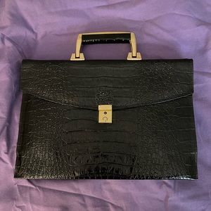 Black Croc-Embossed Top Handle Bag with Gold Hardware